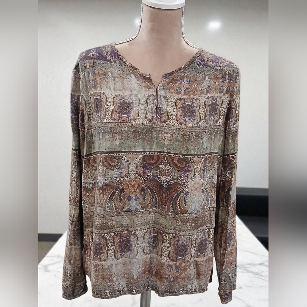 Crosby Green Purple Lightweight Tunic Womans XL Tribal 70s Boho Flair Goblin
